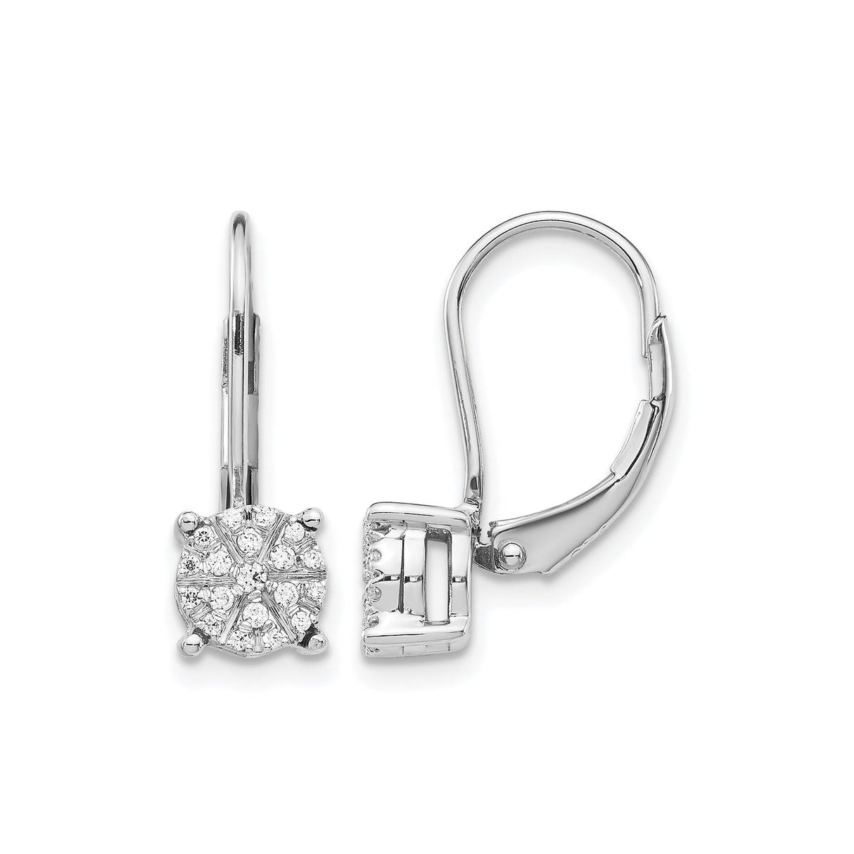 14k White Gold Leverback Earrings with Round Cluster Diamonds, Floral Design