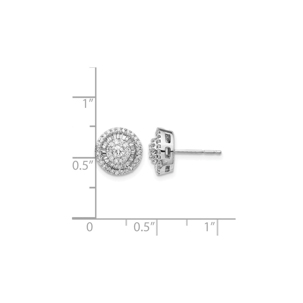 14k White Gold Stud Earrings with Round and Baguette Diamonds, Double Halo Design