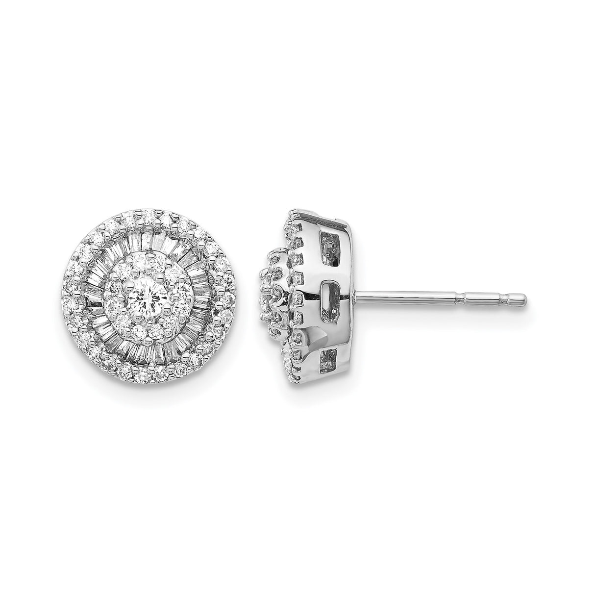 14k White Gold Stud Earrings with Round and Baguette Diamonds, Double Halo Design