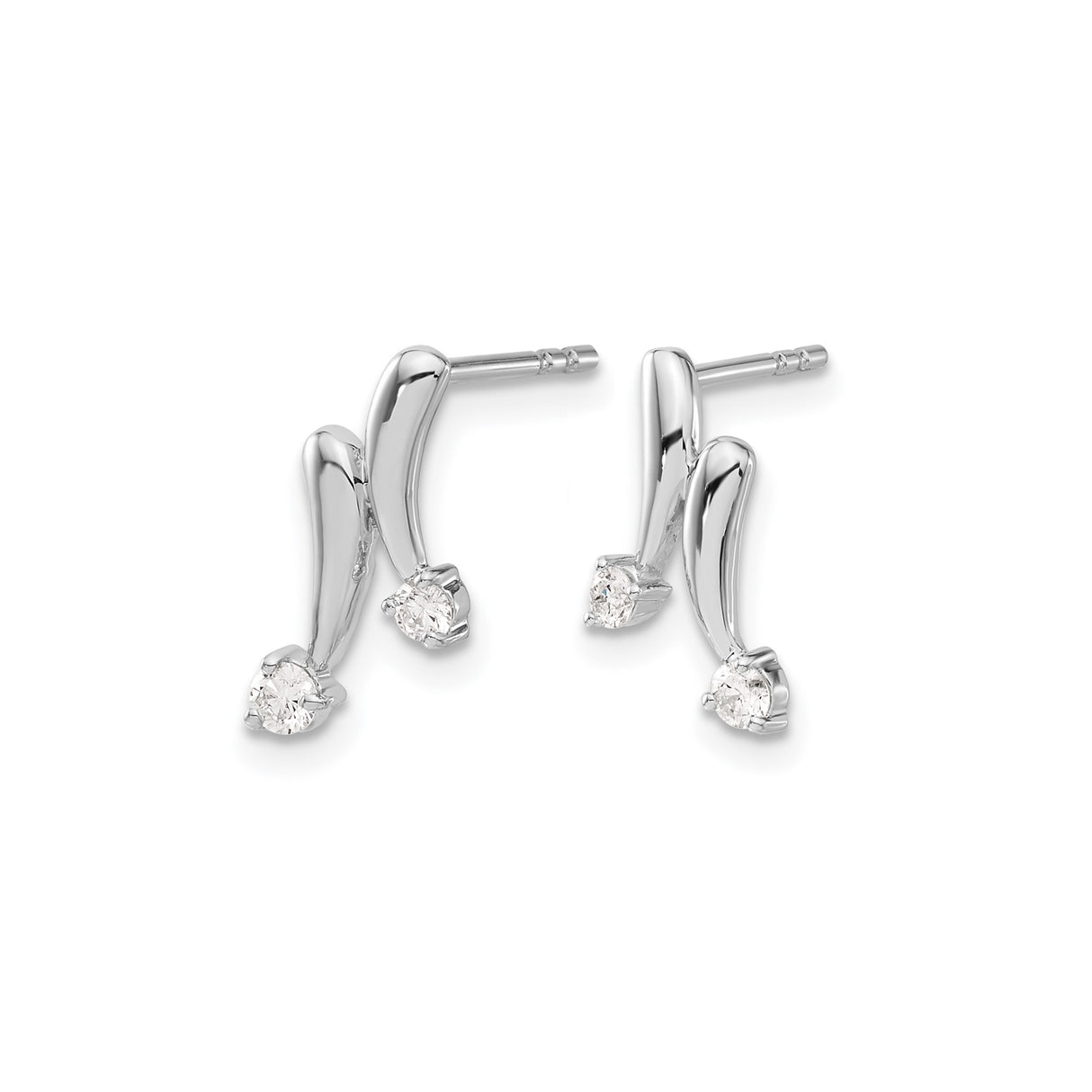 14k White Gold Earrings with Round Diamonds, Curved Modern Minimalist Stud Design
