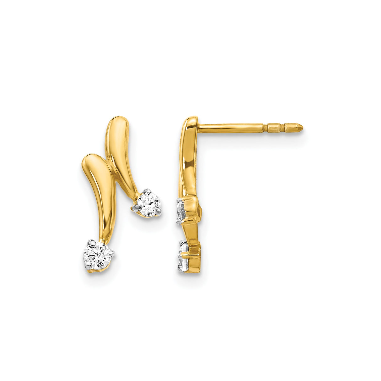 14k Yellow Gold Diamond Stud Earrings, Modern Flowing Design, Minimalist Style