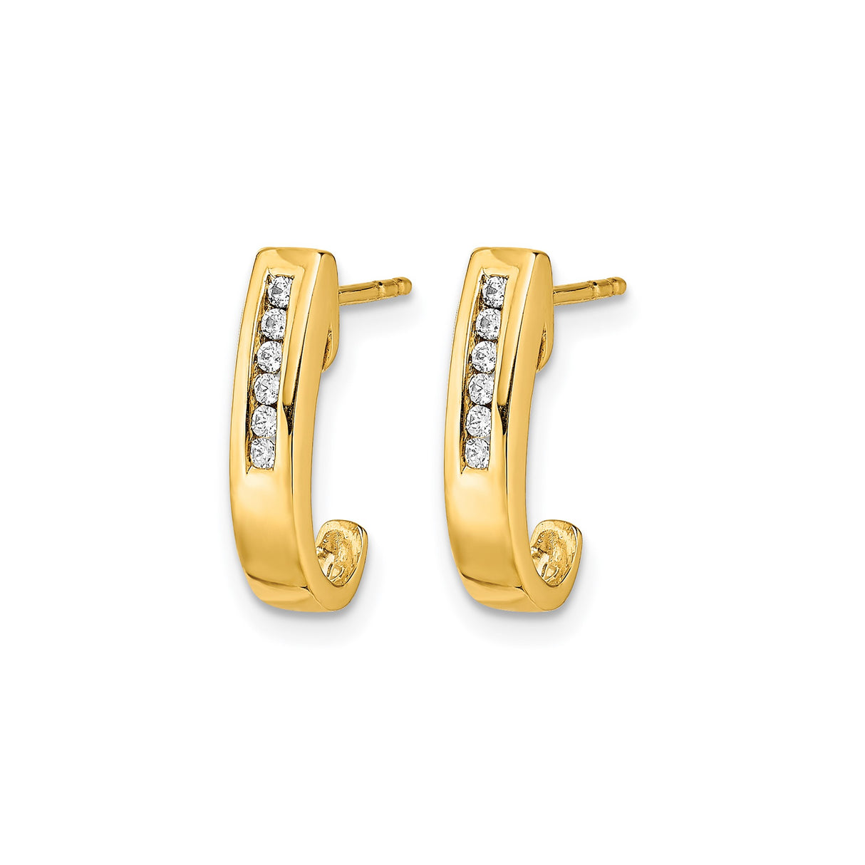 14k Yellow Gold Huggie Hoop Earrings with Vertical Row of Round Diamonds, Modern Minimalist Style
