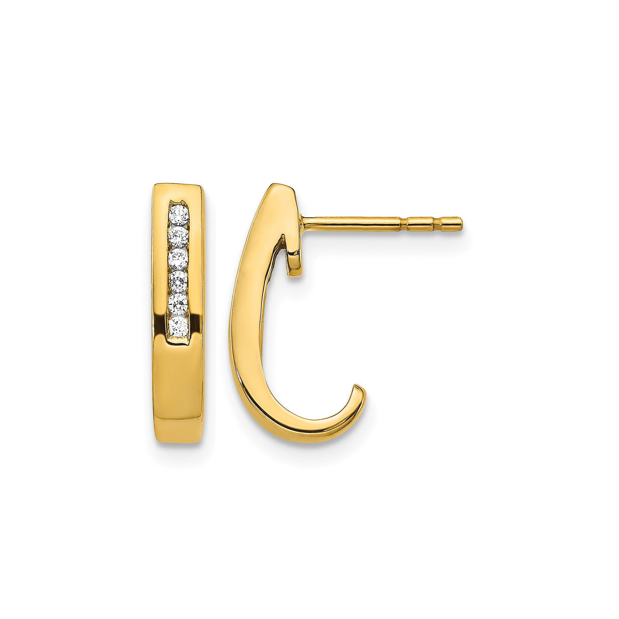 14k Yellow Gold Huggie Hoop Earrings with Vertical Row of Round Diamonds, Modern Minimalist Style