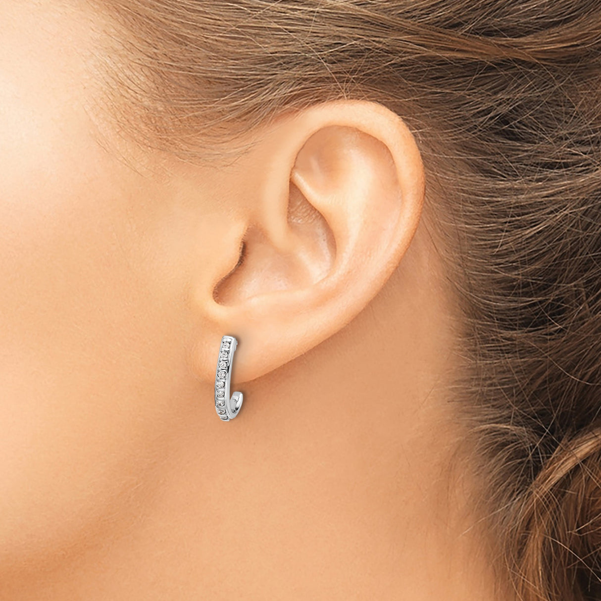 14k White Gold Hoop Earrings with Channel-Set Round Cut Diamonds, Modern Lightweight Design