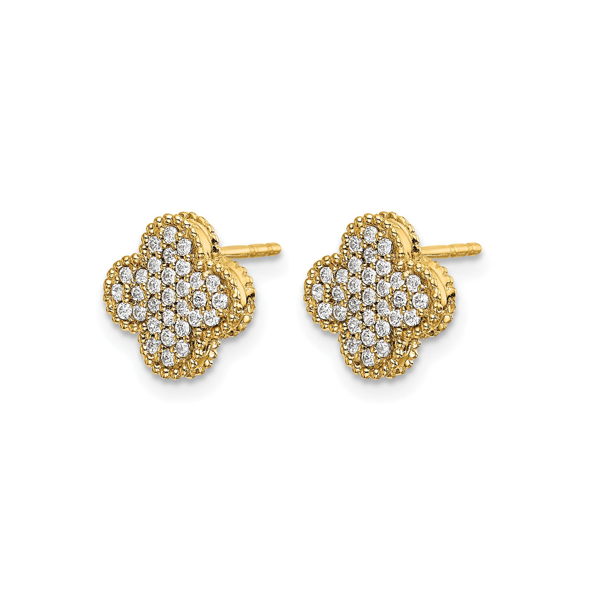 10k Yellow Gold Clover Stud Earrings with Quatrefoil Design and Pavé White Stones