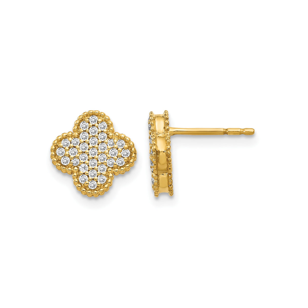 10k Yellow Gold Clover Stud Earrings with Quatrefoil Design and Pavé White Stones