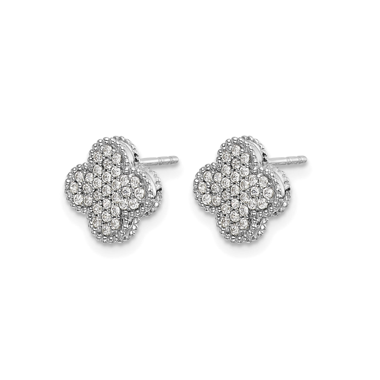 14k White Gold Stud Earrings with Diamond, Quatrefoil Floral Pavé Clover Design
