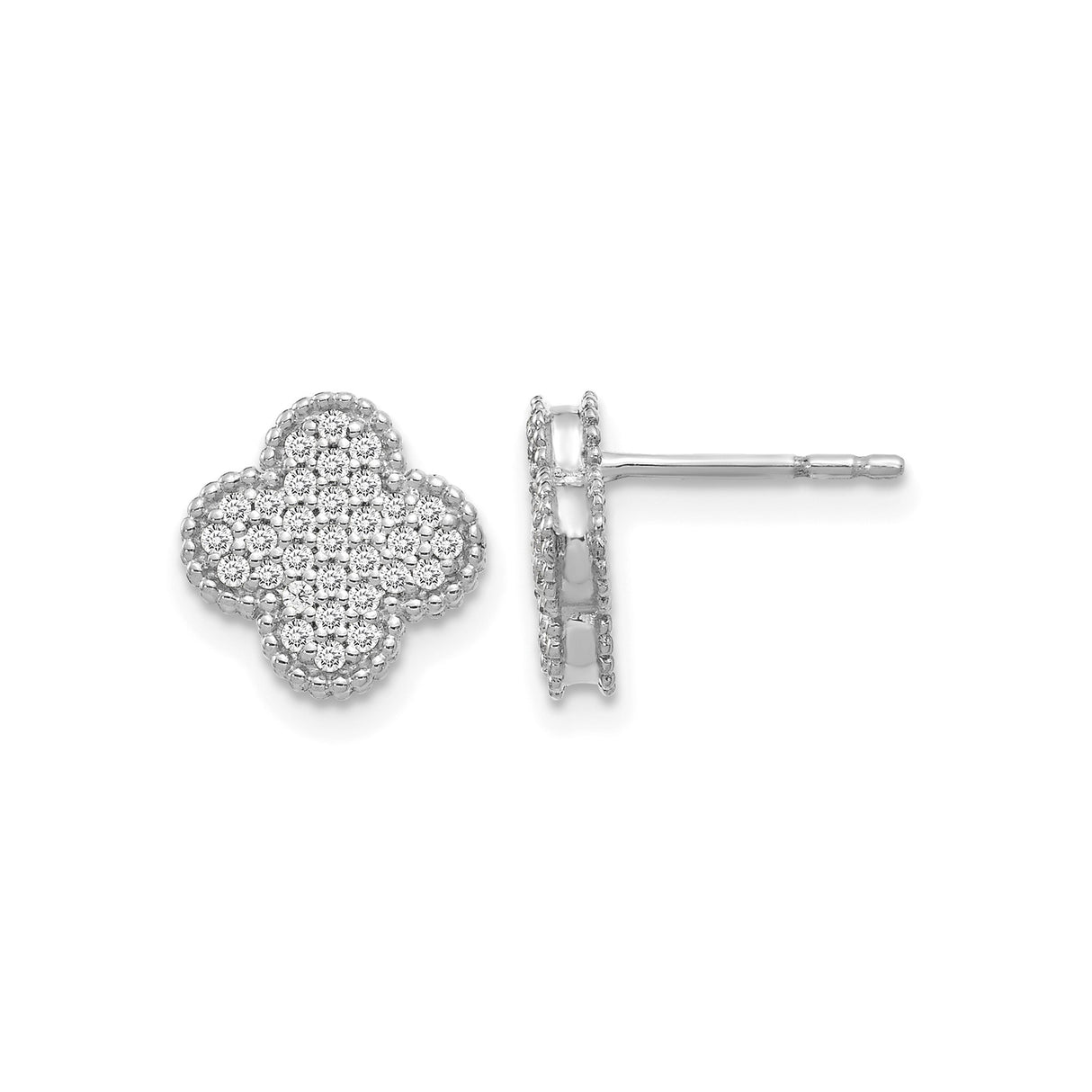14k White Gold Stud Earrings with Diamond, Quatrefoil Floral Pavé Clover Design