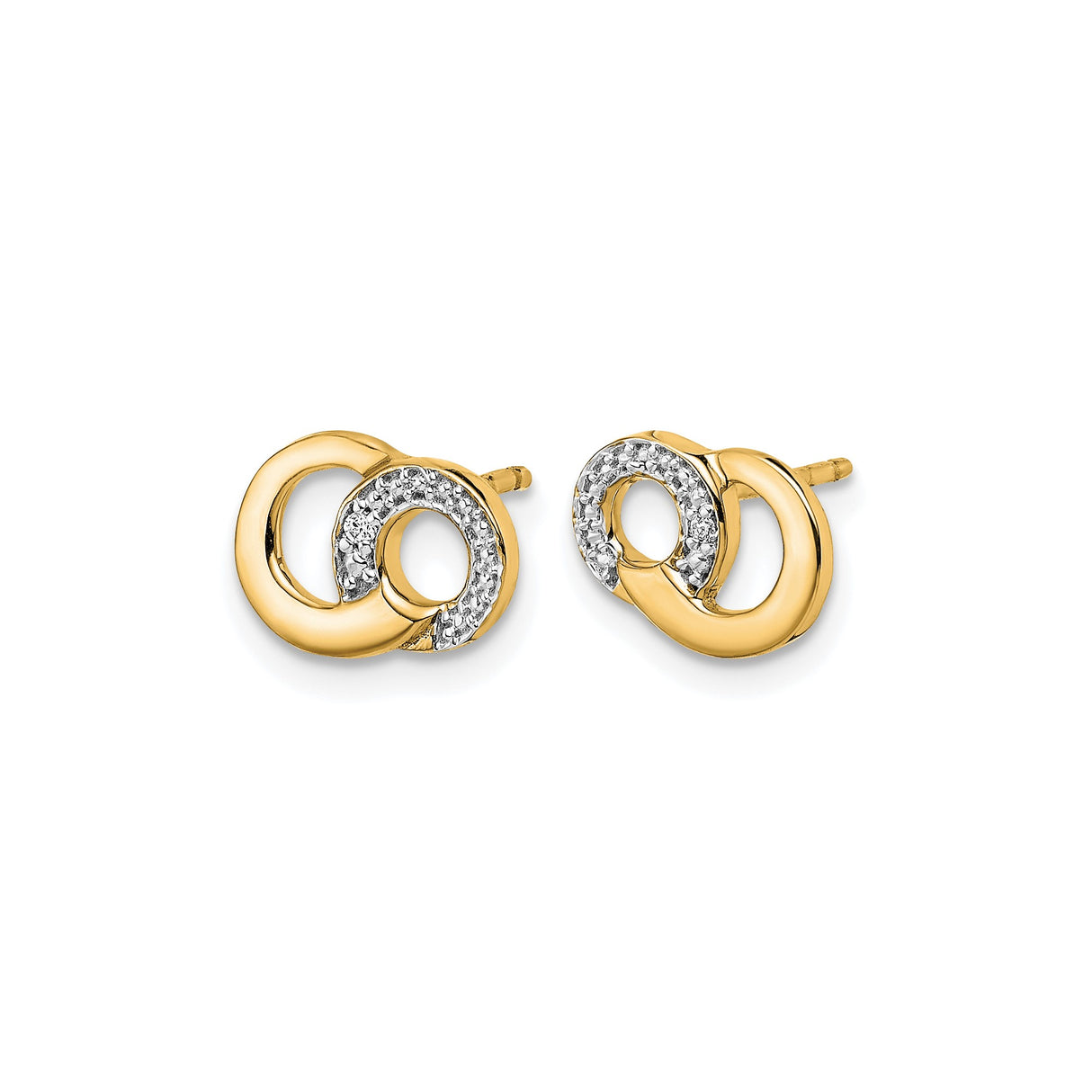 14k Yellow Gold Interlocking Circle Stud Earrings with Diamond, Two-Tone Design