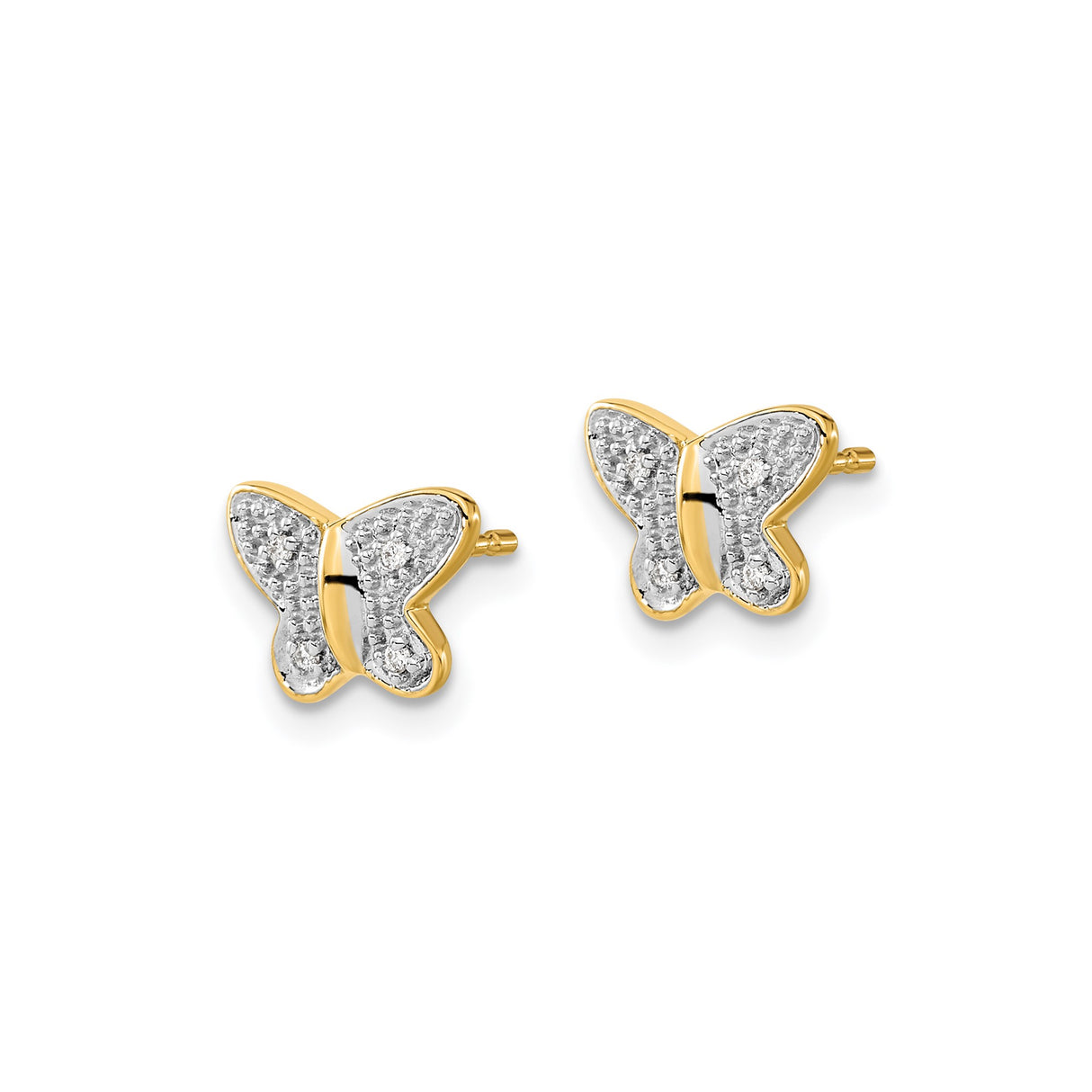 14k Yellow Gold Butterfly Stud Earrings with Diamond Accent, Two-Tone Textured Design