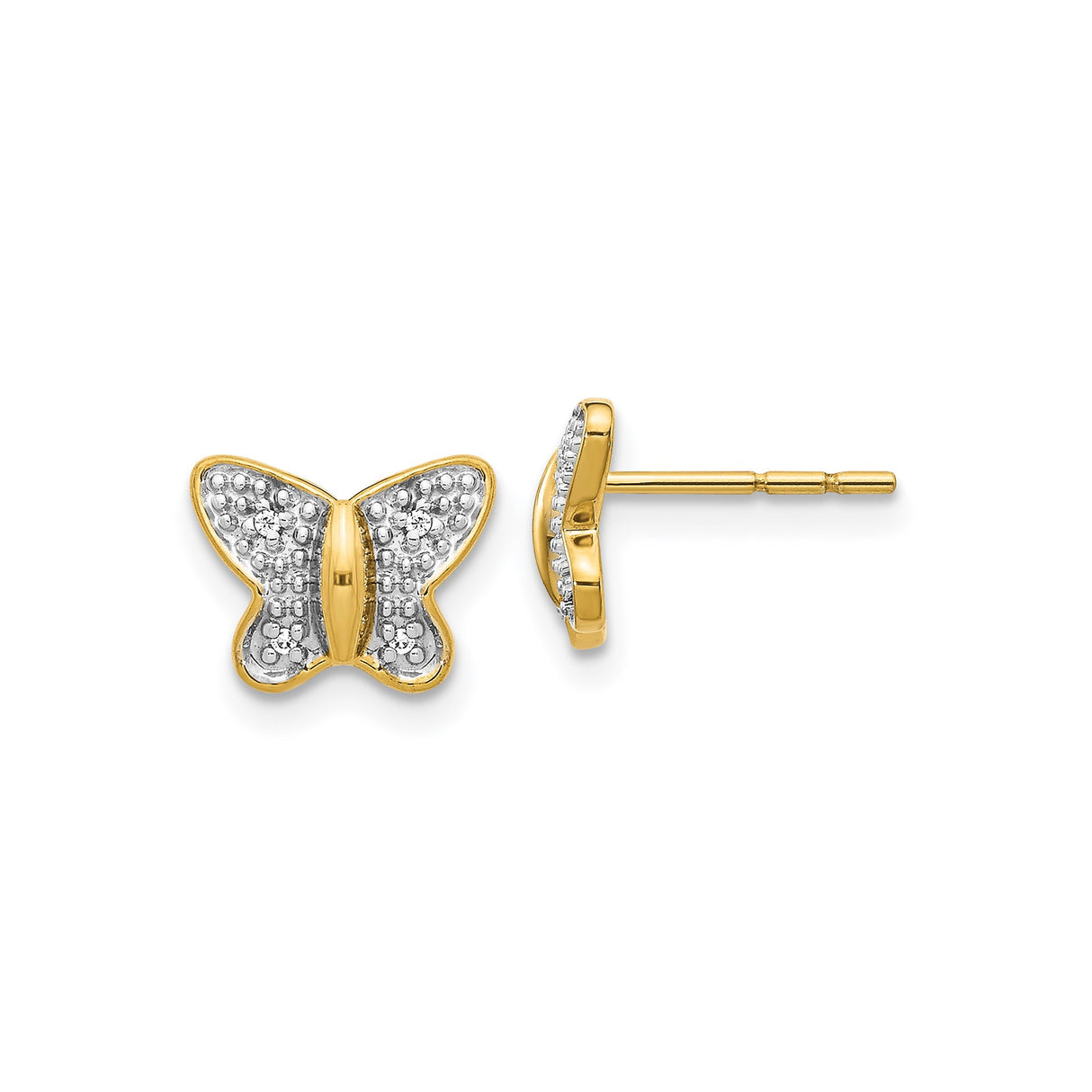 14k Yellow Gold Butterfly Stud Earrings with Diamond Accent, Two-Tone Textured Design