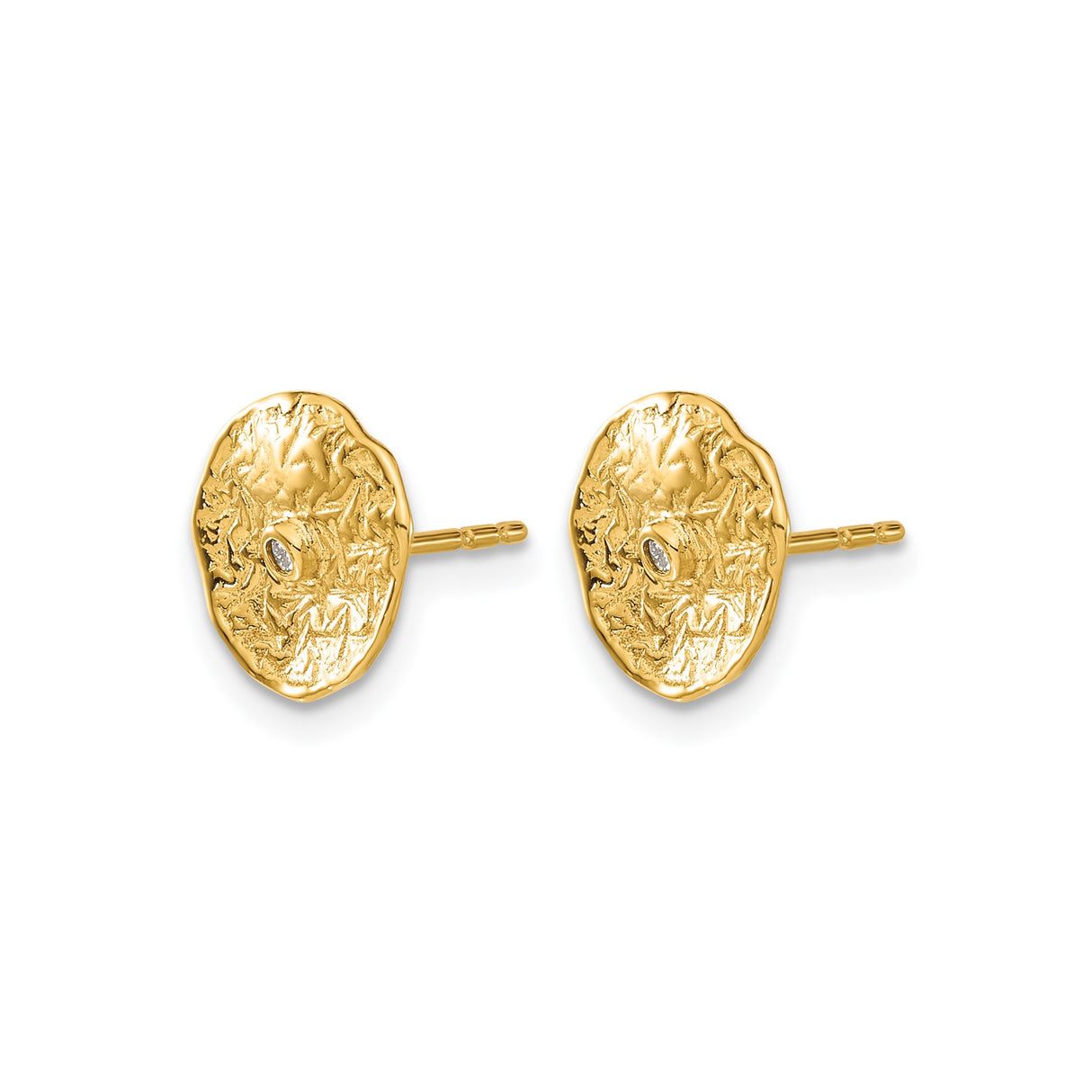 14k Yellow Gold Stud Earrings with Diamond Accent, Hammered Organic Round Design