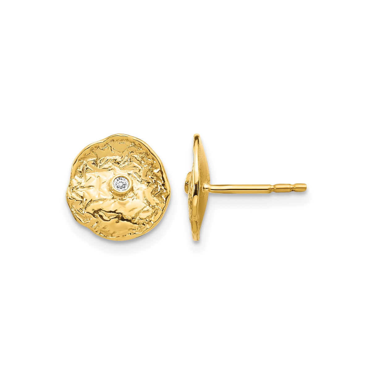 14k Yellow Gold Stud Earrings with Diamond Accent, Hammered Organic Round Design