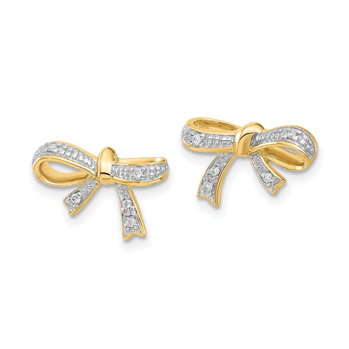 14k Yellow Gold Bow Stud Earrings with Diamond Accents, Delicate Ribbon Design