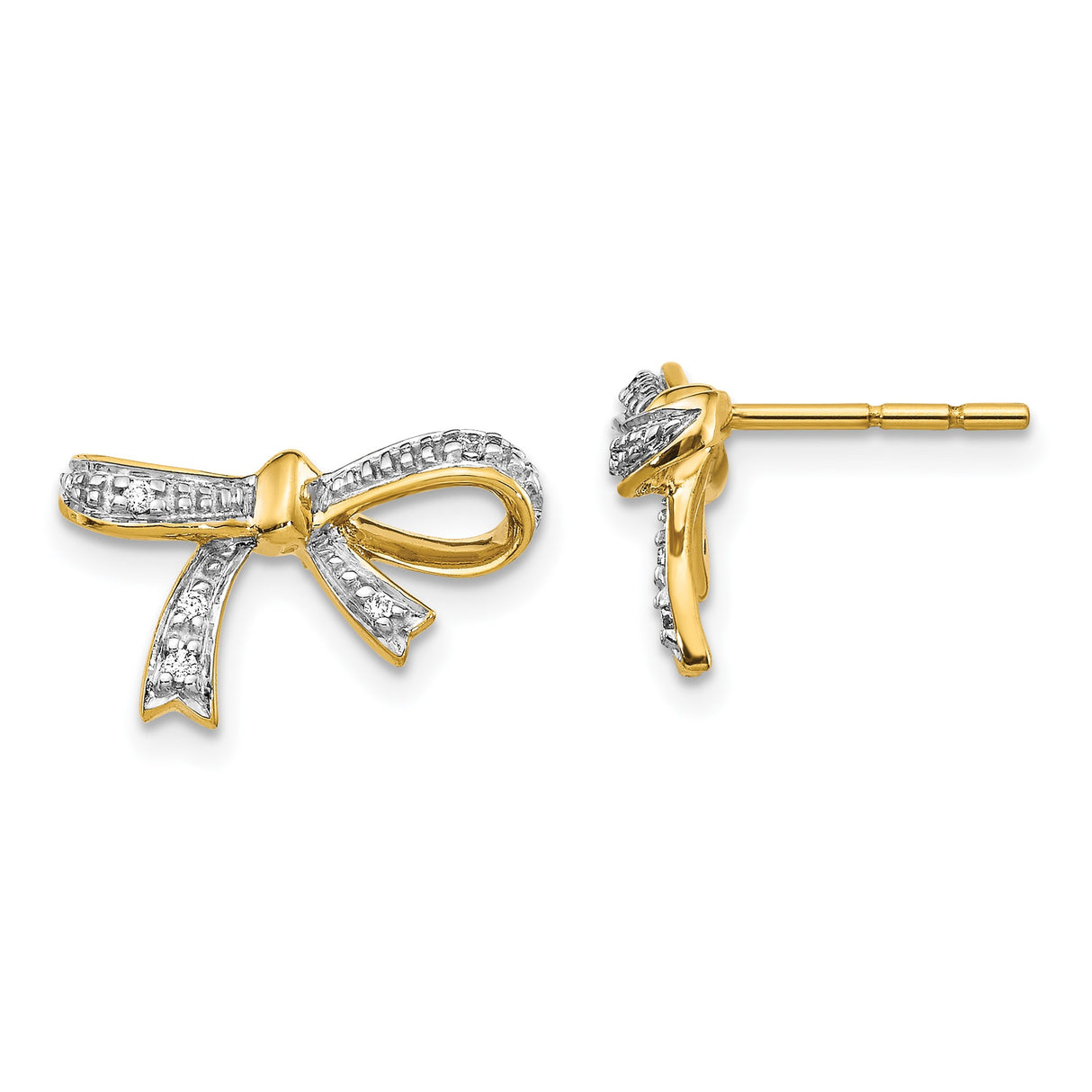 14k Yellow Gold Bow Stud Earrings with Diamond Accents, Delicate Ribbon Design