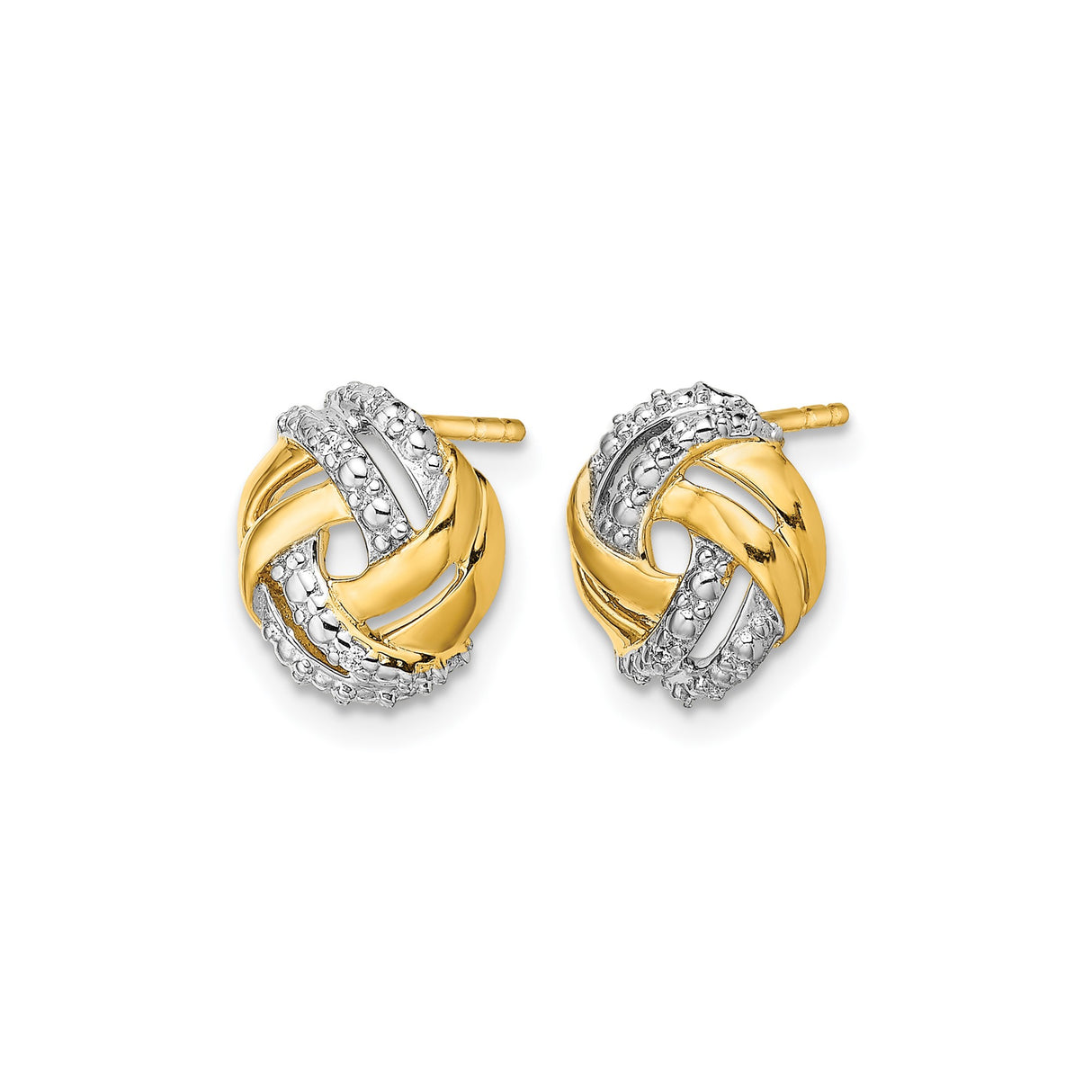 14k Yellow Gold Knot Stud Earrings with Diamond, Two-Tone Woven Design for Women