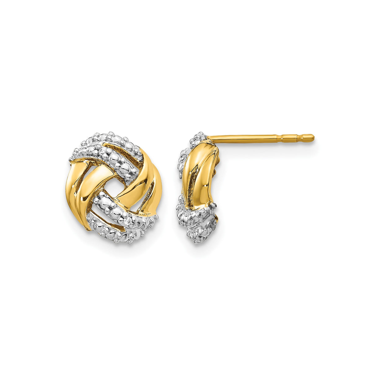 14k Yellow Gold Knot Stud Earrings with Diamond, Two-Tone Woven Design for Women