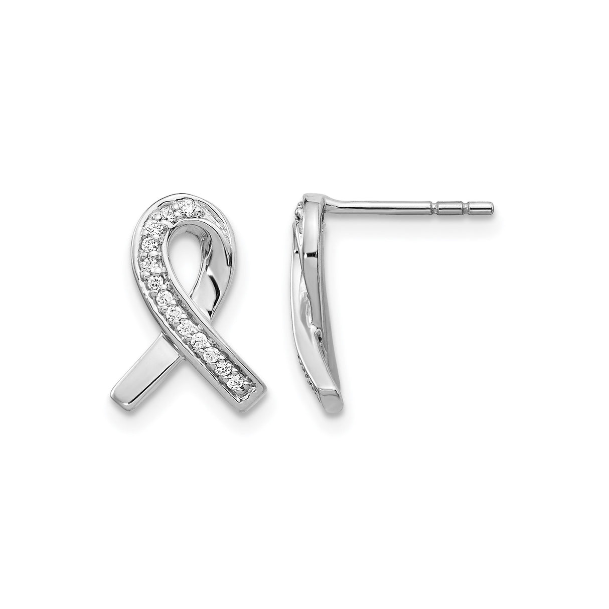 14k White Gold Ribbon Stud Earrings with Diamond Accents, Symbolic Awareness Jewelry for Women