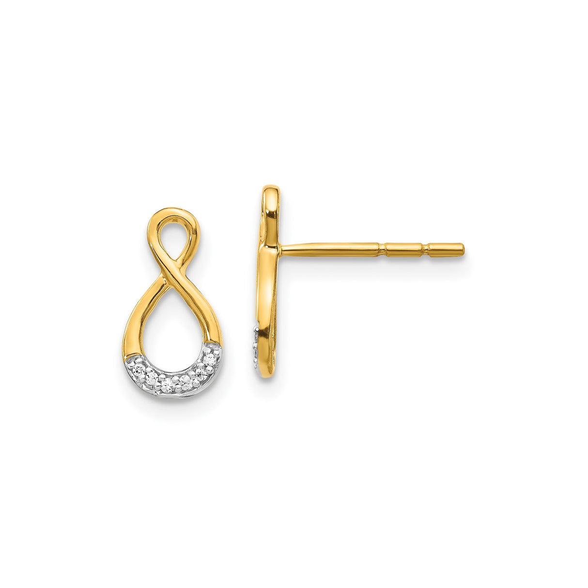 14k Yellow Gold Infinity Stud Earrings with Diamond Accents, Two Tone Design for Women