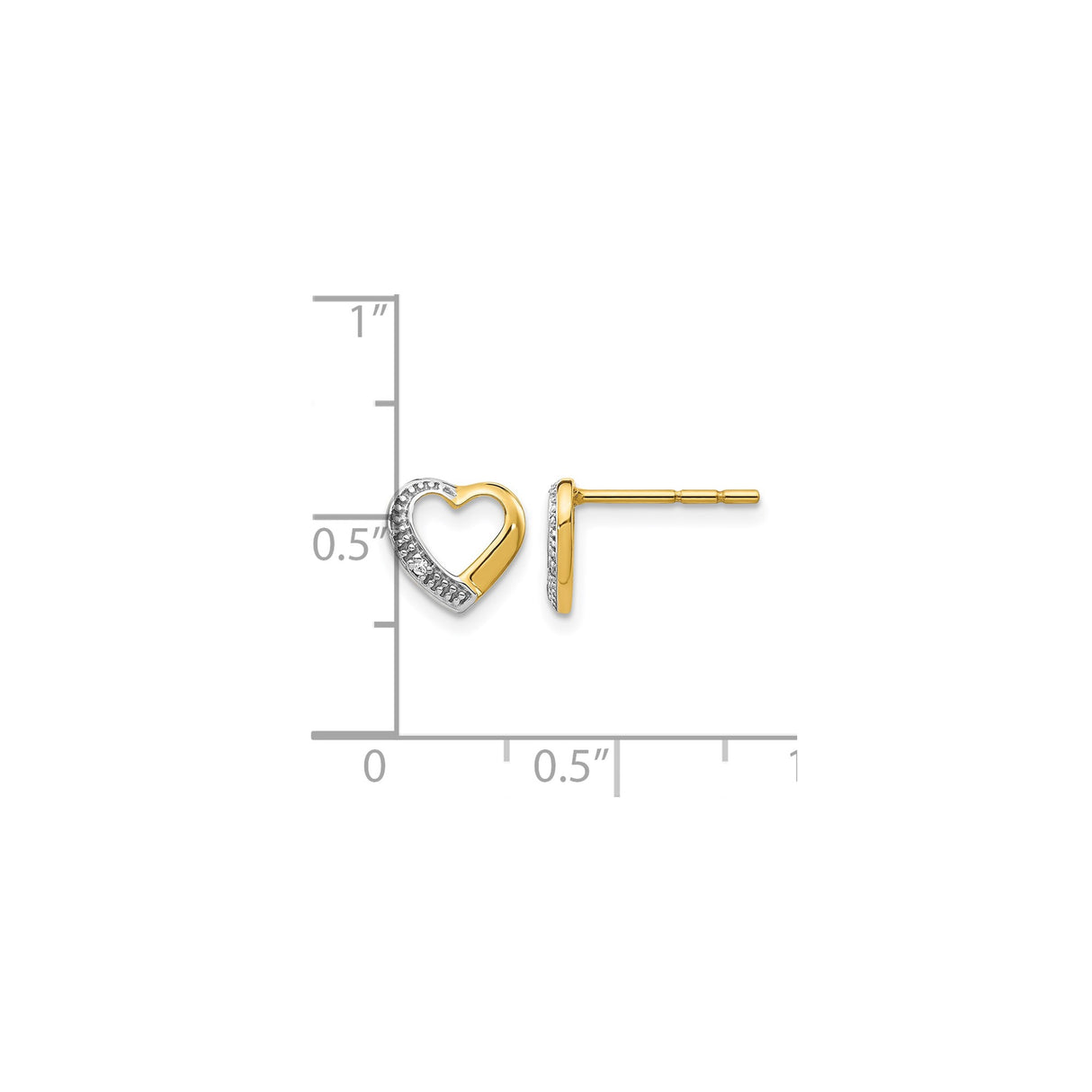 14k Yellow Gold Stud Earrings, Diamond, Heart Shaped Open Design, Two Tone for Women