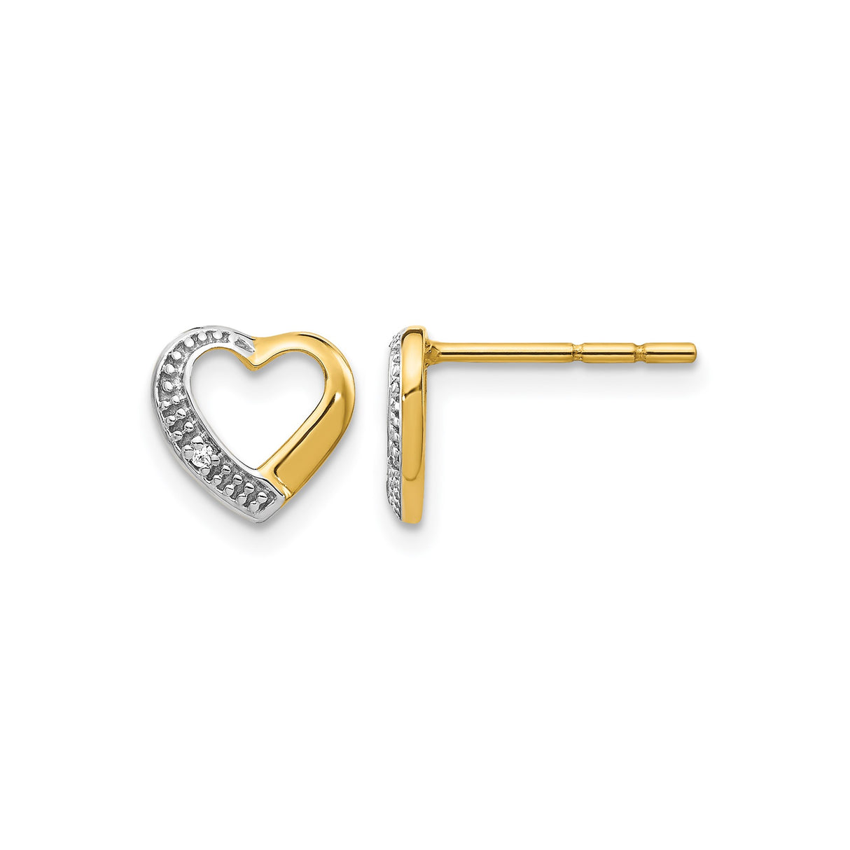 14k Yellow Gold Stud Earrings, Diamond, Heart Shaped Open Design, Two Tone for Women