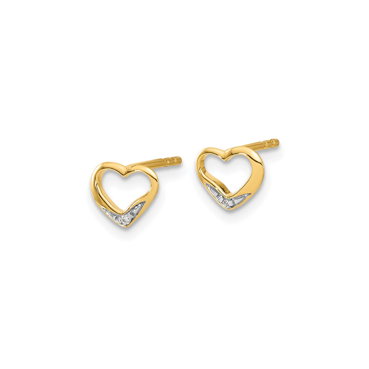14k Yellow Gold Heart Stud Earrings with Diamond Accent, Two-Tone Open Design