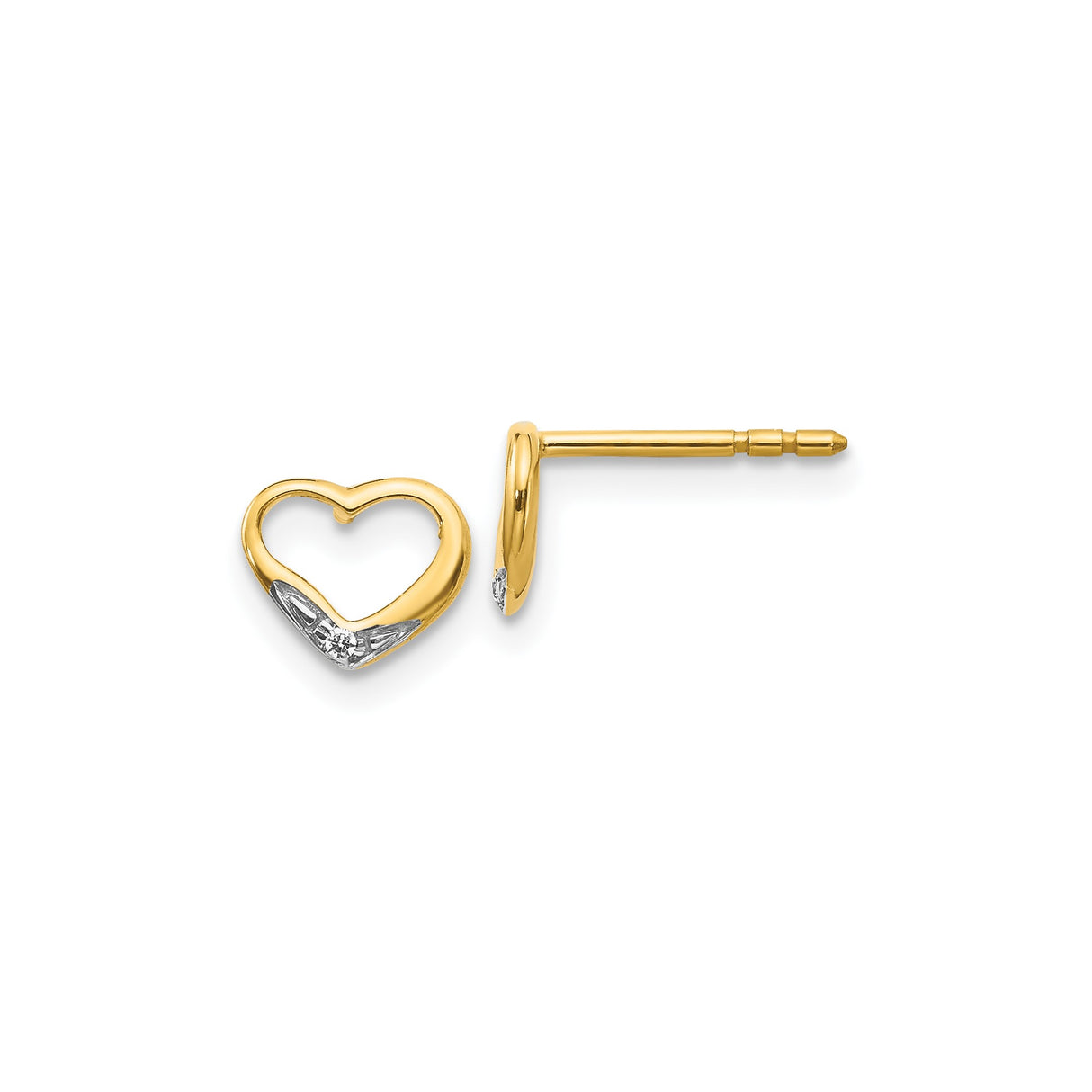 14k Yellow Gold Heart Stud Earrings with Diamond Accent, Two-Tone Open Design