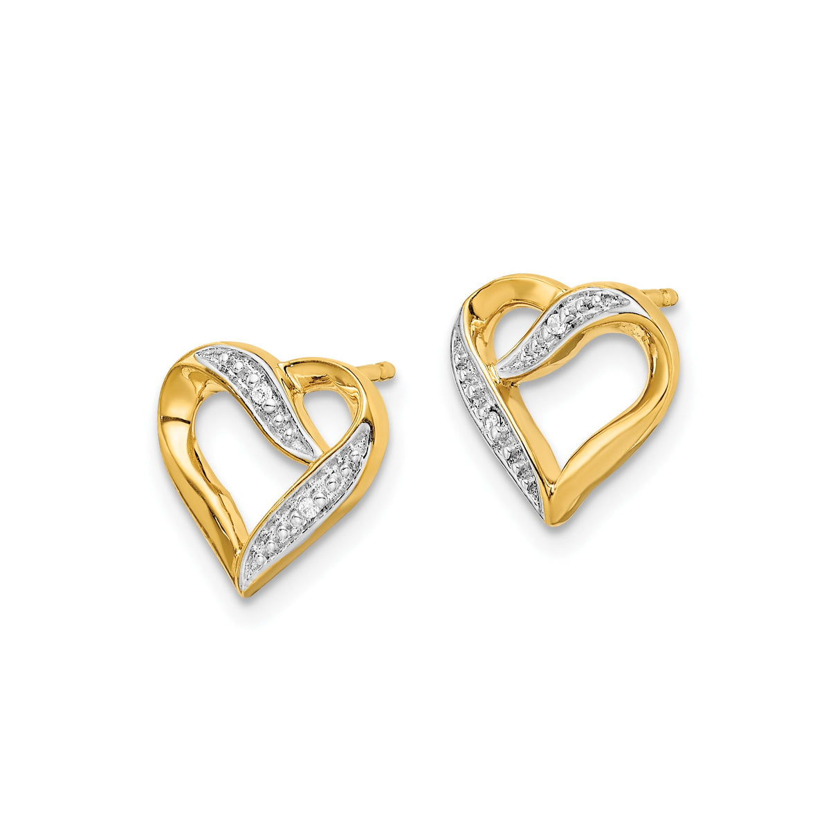14k Yellow Gold Stud Earrings, Open Heart Design with Diamond-Cut Accents, Two-Tone Style for Women