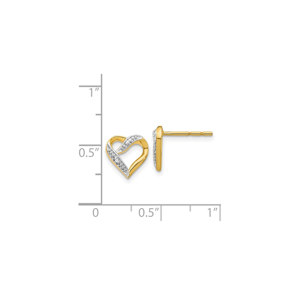 14k Yellow Gold Stud Earrings, Open Heart Design with Diamond-Cut Accents, Two-Tone Style for Women