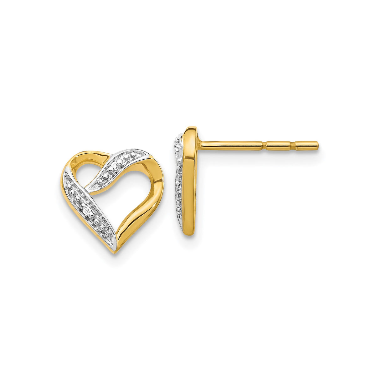 14k Yellow Gold Stud Earrings, Open Heart Design with Diamond-Cut Accents, Two-Tone Style for Women