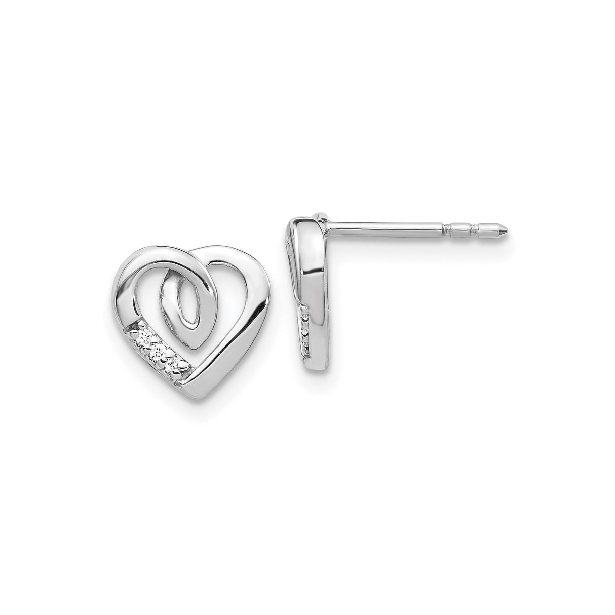 14k White Gold Heart Stud Earrings with Diamond Accents, Open Heart Design for Women