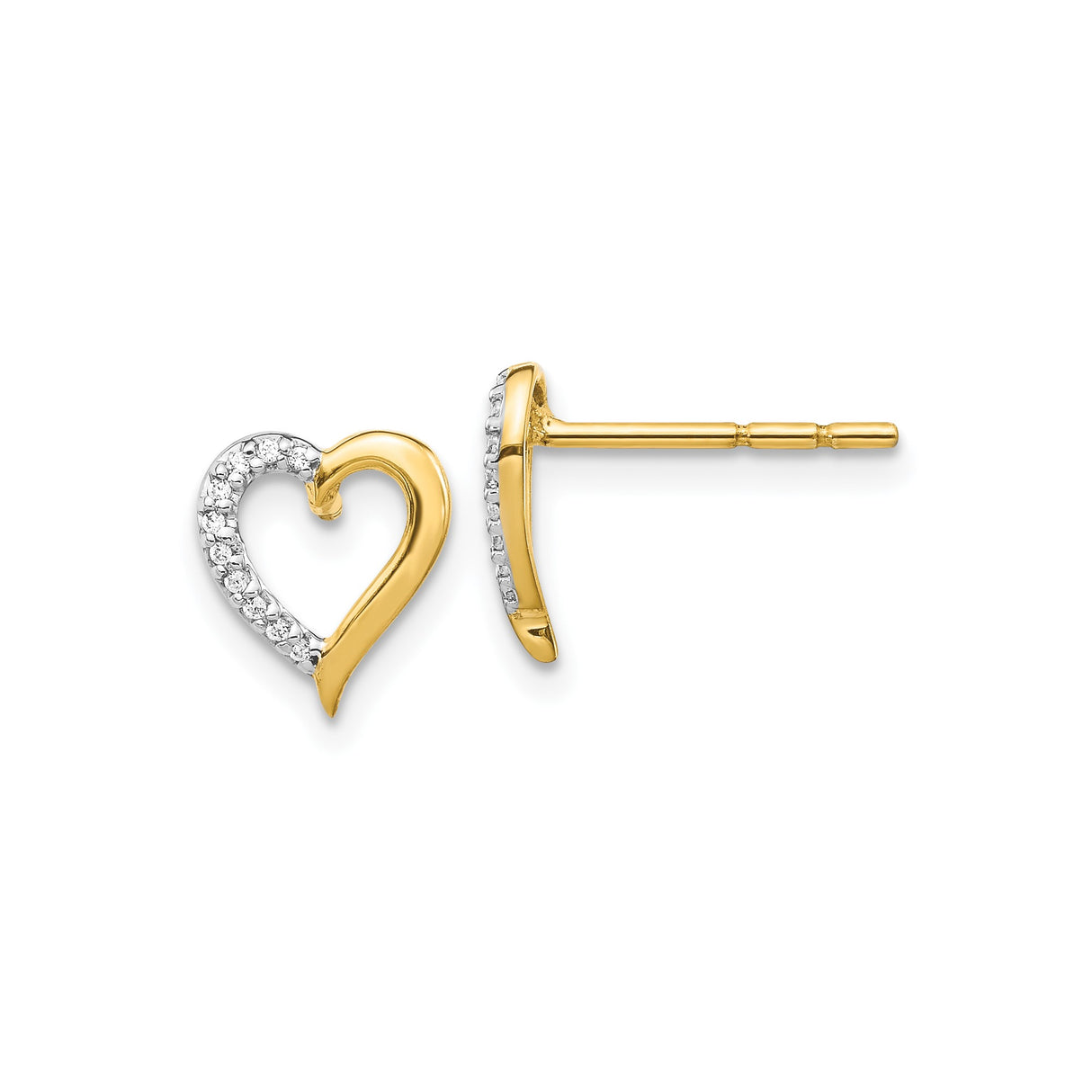 14k Yellow Gold Heart Stud Earrings with Diamond Accents, Open Heart Design for Women