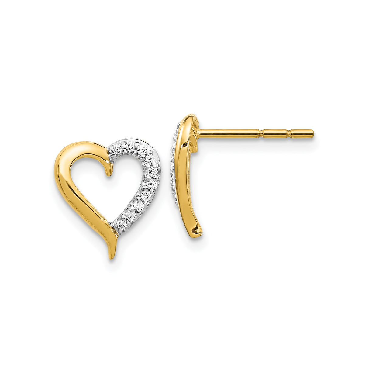 14k Yellow Gold Open Heart Stud Earrings with Pavé Diamond Accents for Women