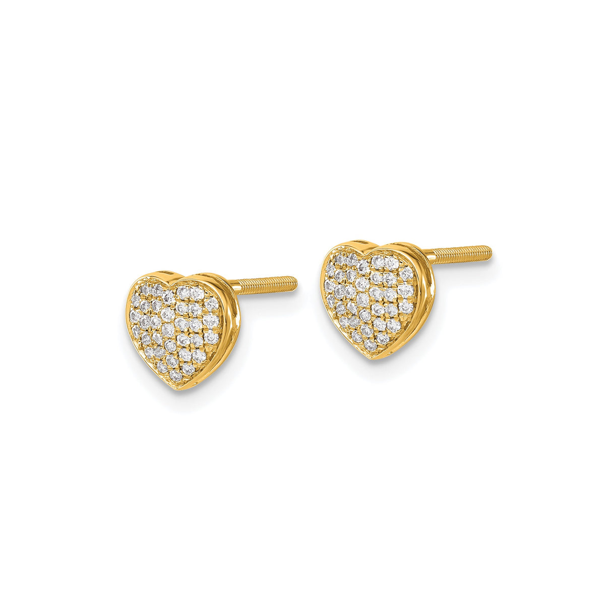 14k Yellow Gold Heart Stud Earrings with Pavé Set Diamonds, Screw Back