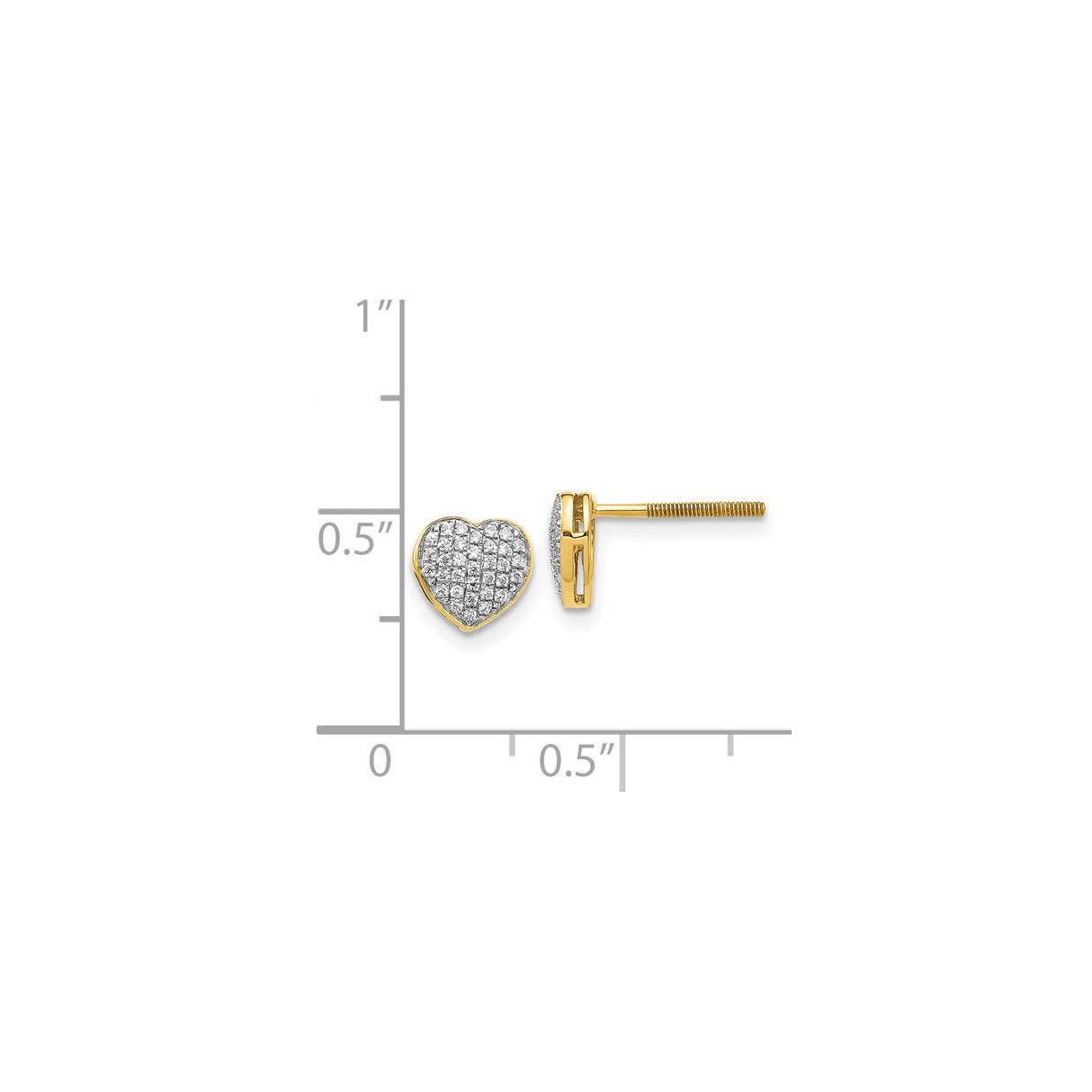 14k Yellow Gold Heart Stud Earrings with Pavé Set Diamonds, Screw Back