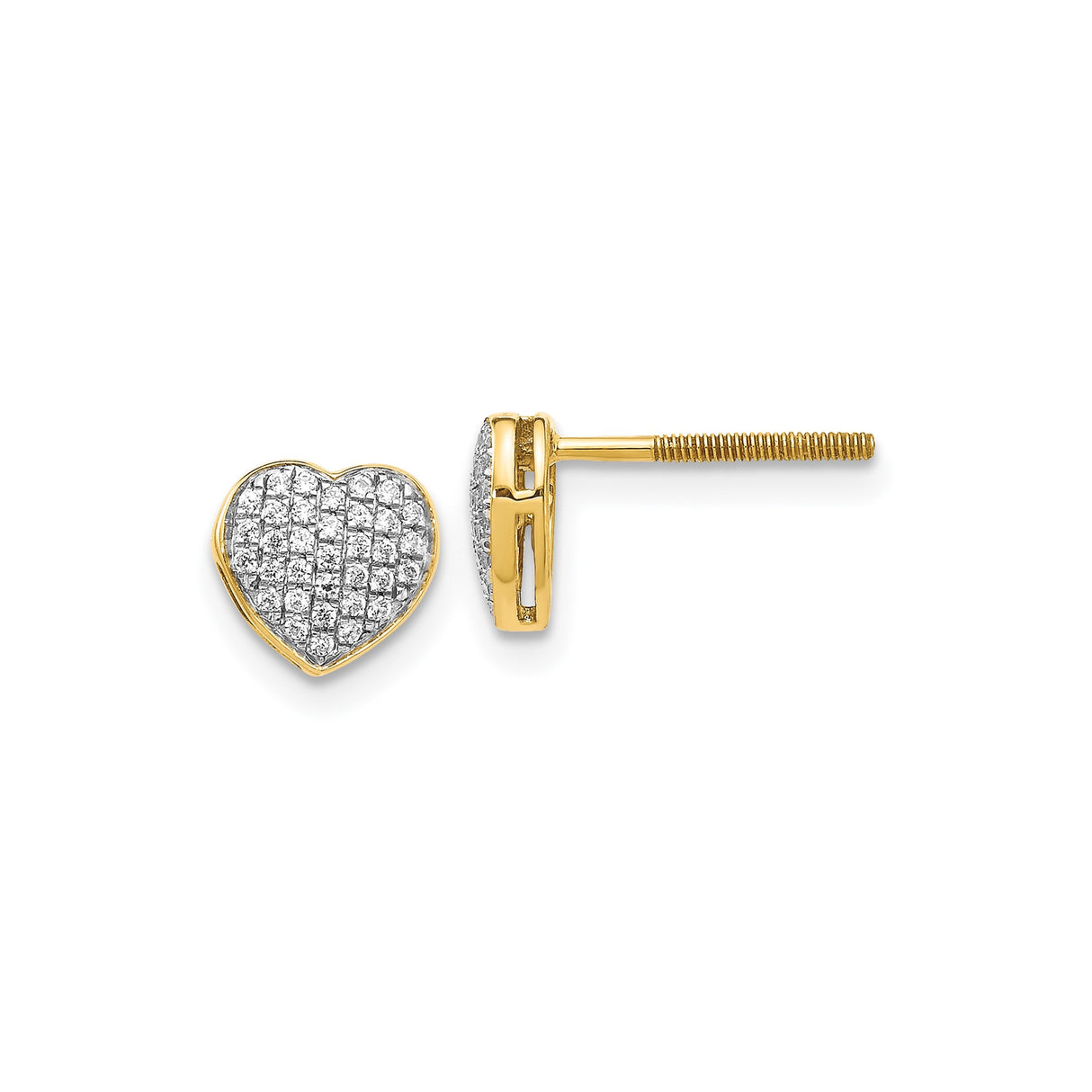 14k Yellow Gold Heart Stud Earrings with Pavé Set Diamonds, Screw Back