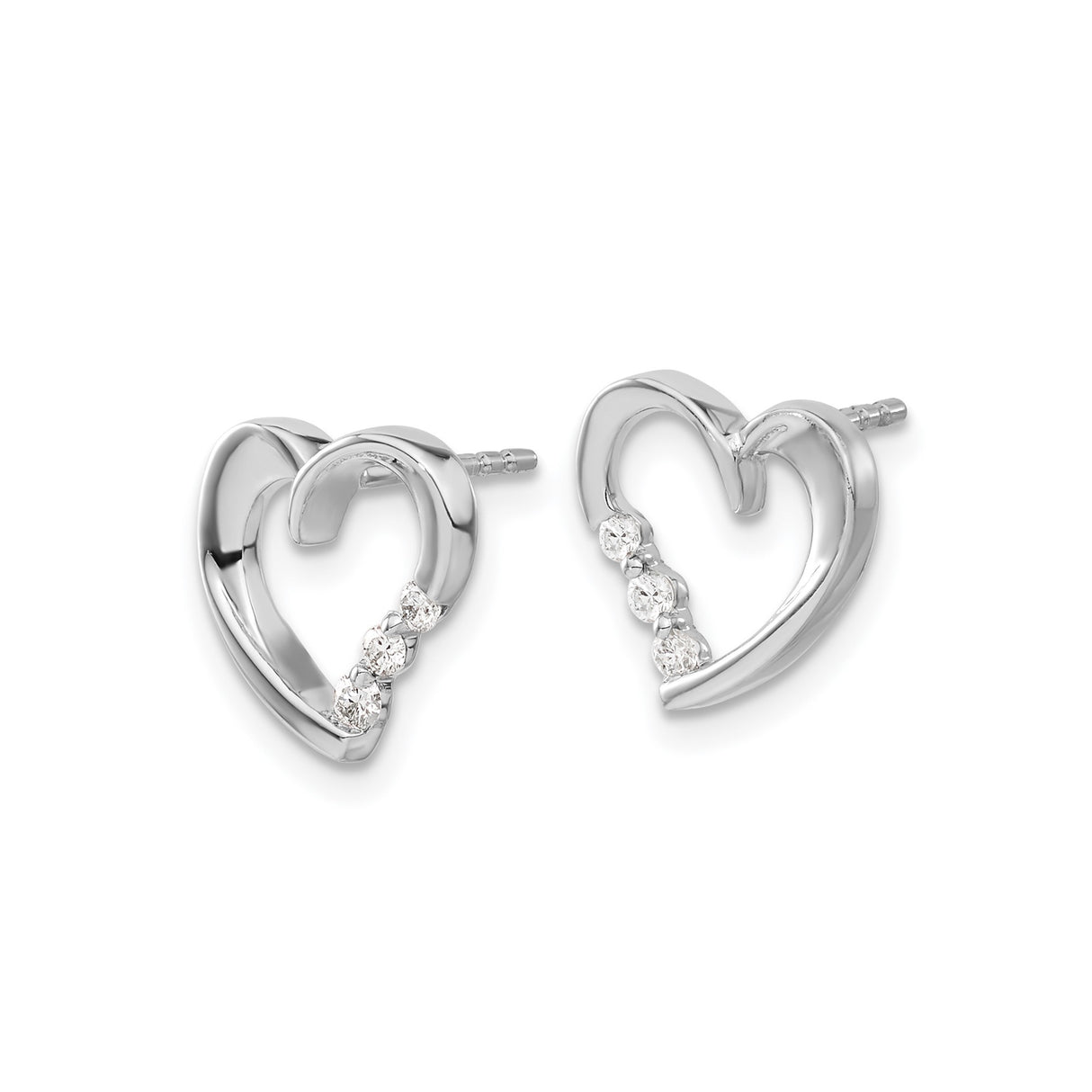 14k White Gold Heart Stud Earrings with Three Round Diamonds, Open Heart Design for Women