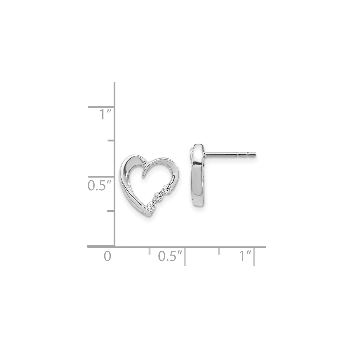 14k White Gold Heart Stud Earrings with Three Round Diamonds, Open Heart Design for Women