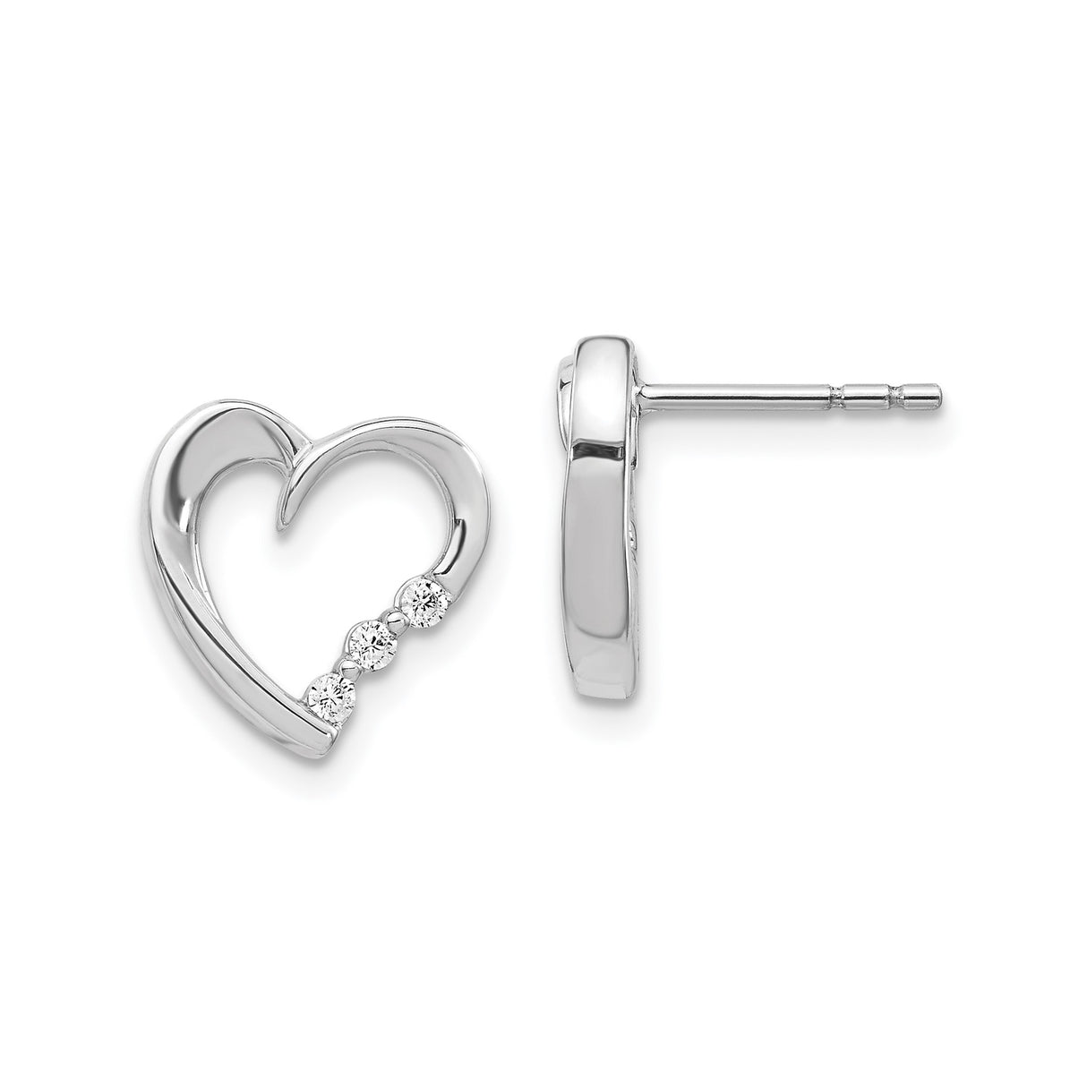 14k White Gold Heart Stud Earrings with Three Round Diamonds, Open Heart Design for Women