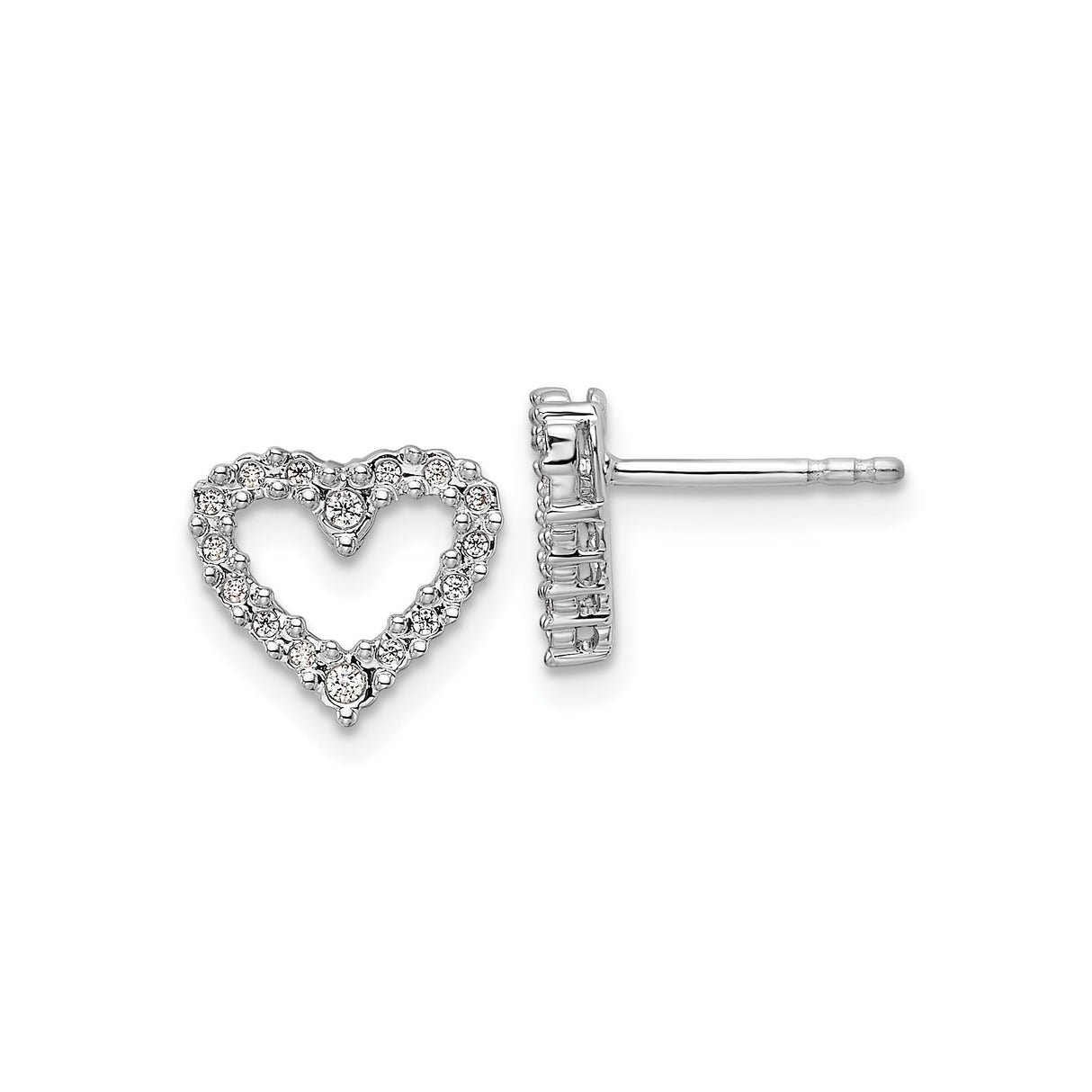 14k White Gold Heart Stud Earrings with Cubic Zirconia, Open Heart Design for Women