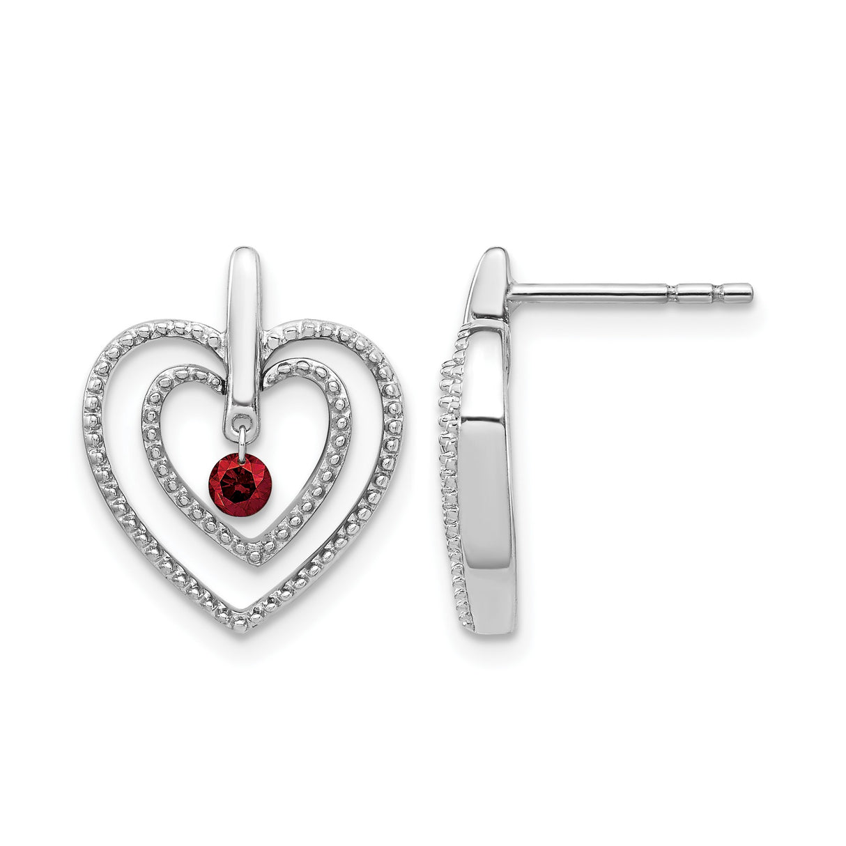 14k White Gold Heart Stud Earrings with Diamond and Red Gemstone Dangles, Double Open Heart Design