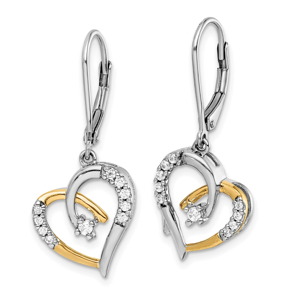 14k Yellow Gold Heart Drop Earrings with Diamond Accent, Twisted Ribbon Design, Leverback