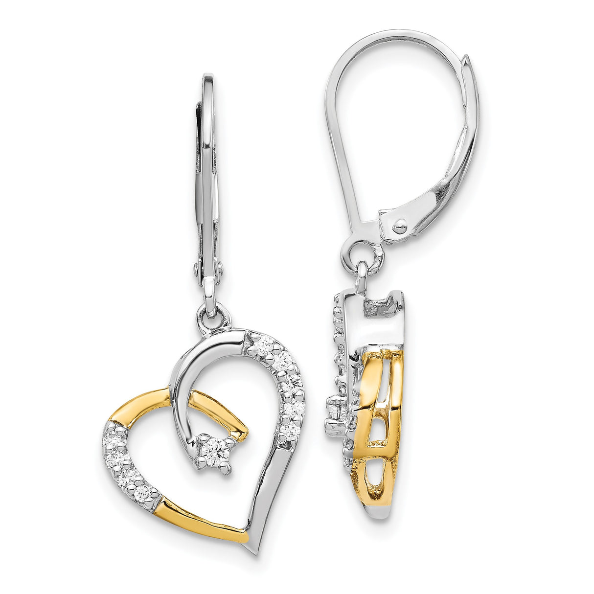 14k Yellow Gold Heart Drop Earrings with Diamond Accent, Twisted Ribbon Design, Leverback