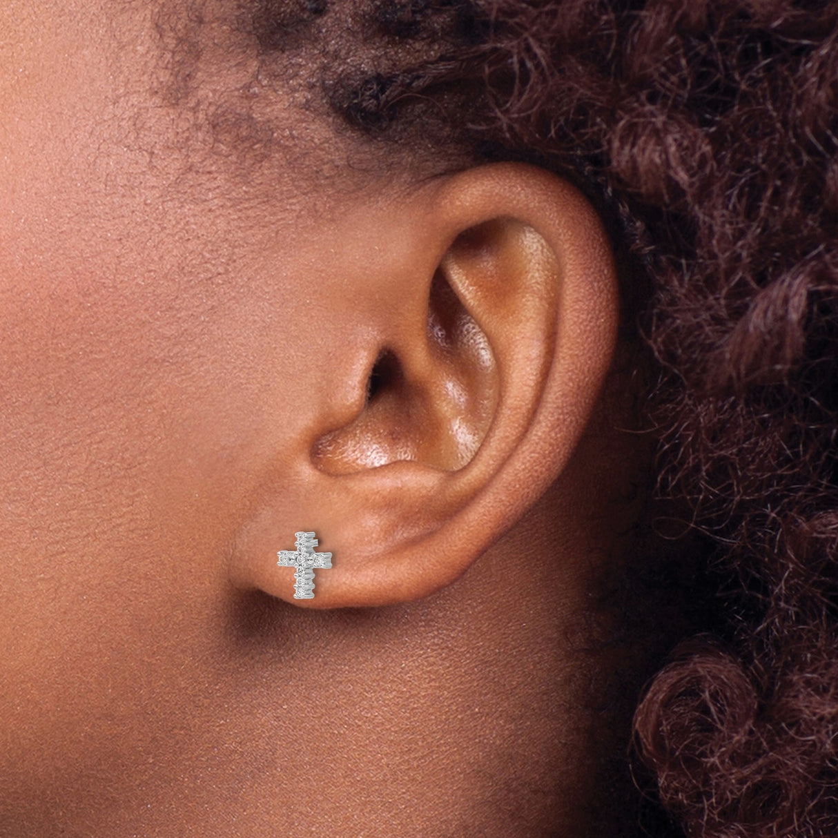 14k White Gold Cross Stud Earrings with Diamond, Modern Faith-Inspired Design for Men and Women