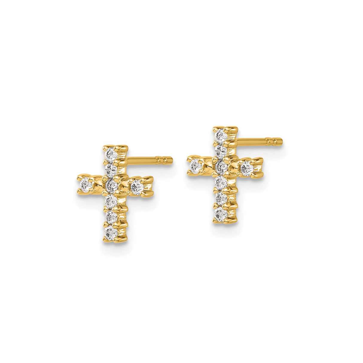 14k Yellow Gold Cross Stud Earrings with Diamond, Polished Finish, Spiritual Faith Style