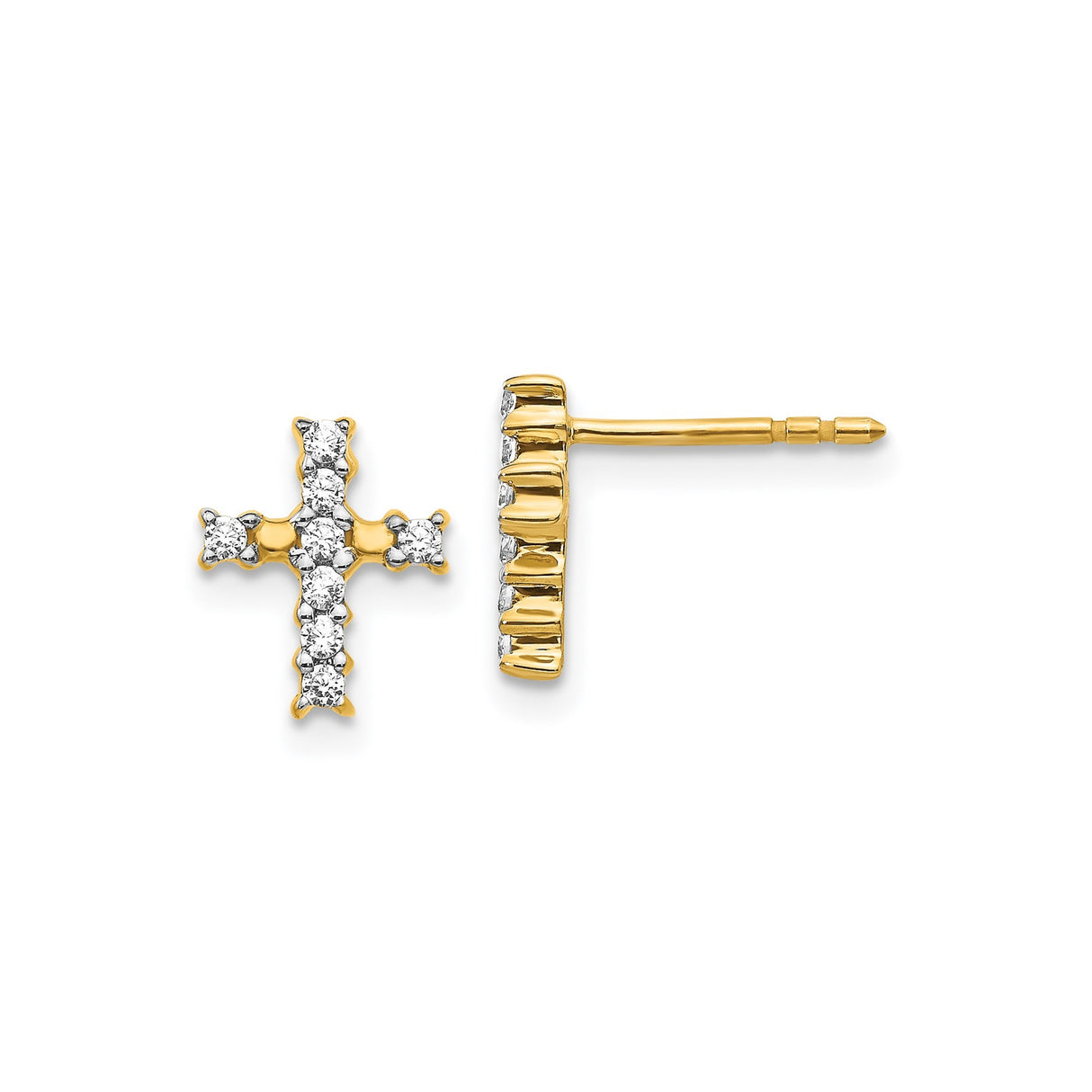 14k Yellow Gold Cross Stud Earrings with Diamond, Polished Finish, Spiritual Faith Style