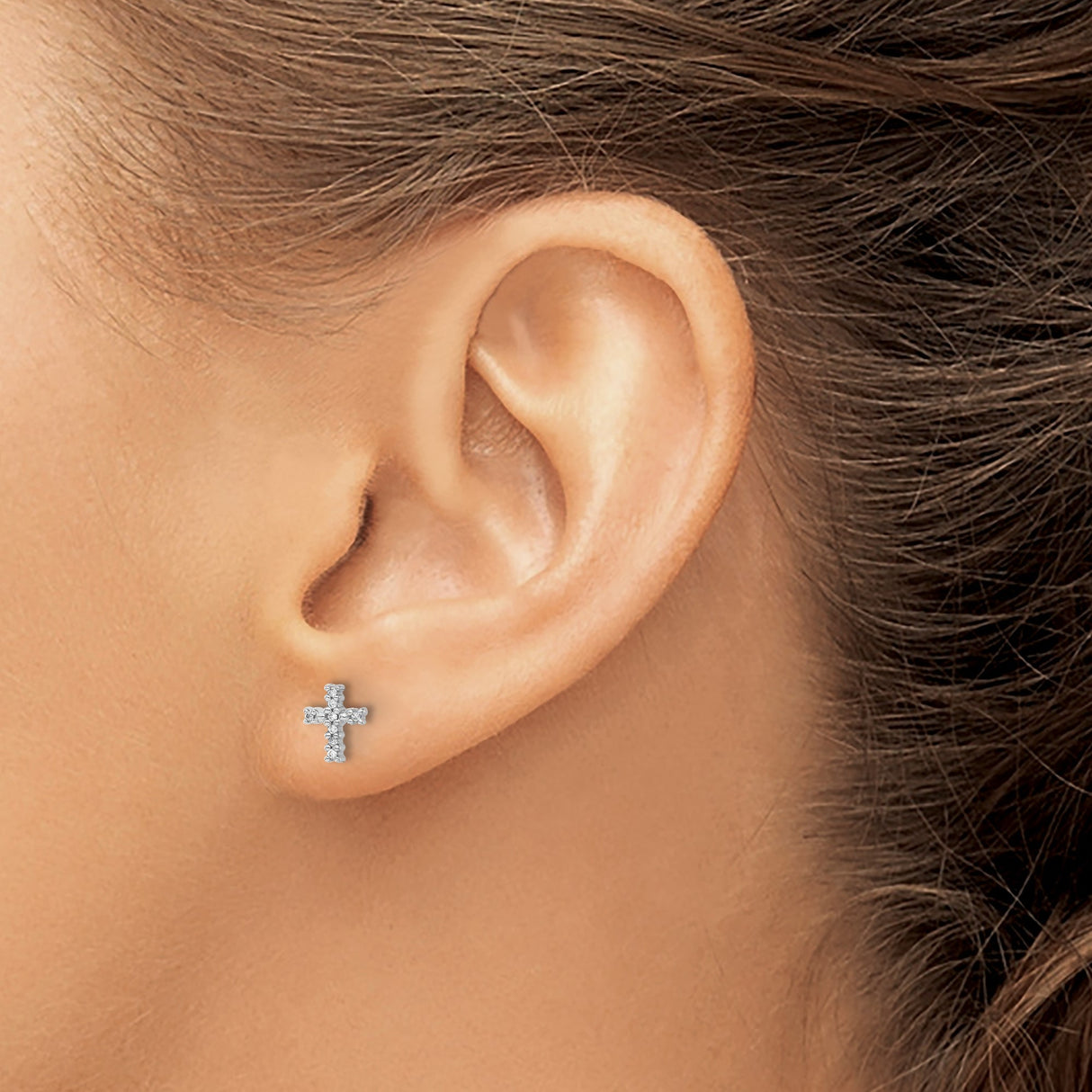 14k White Gold Diamond Cross Post Earrings with Polished Finish and Dainty Design