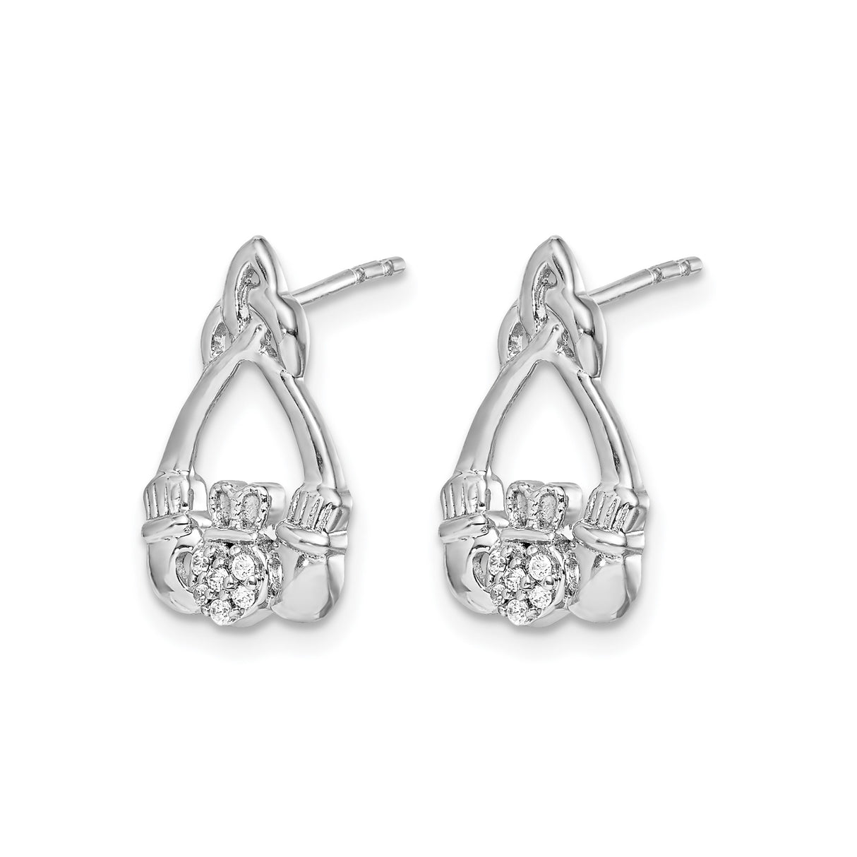 14k White Gold Claddagh Stud Earrings with Diamond Accents, Celtic Heart Hands Crown Design