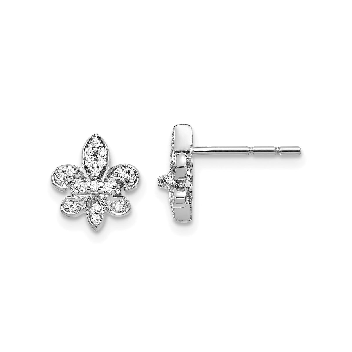 14k White Gold Fleur-de-Lis Stud Earrings with Pave Diamond Detailing