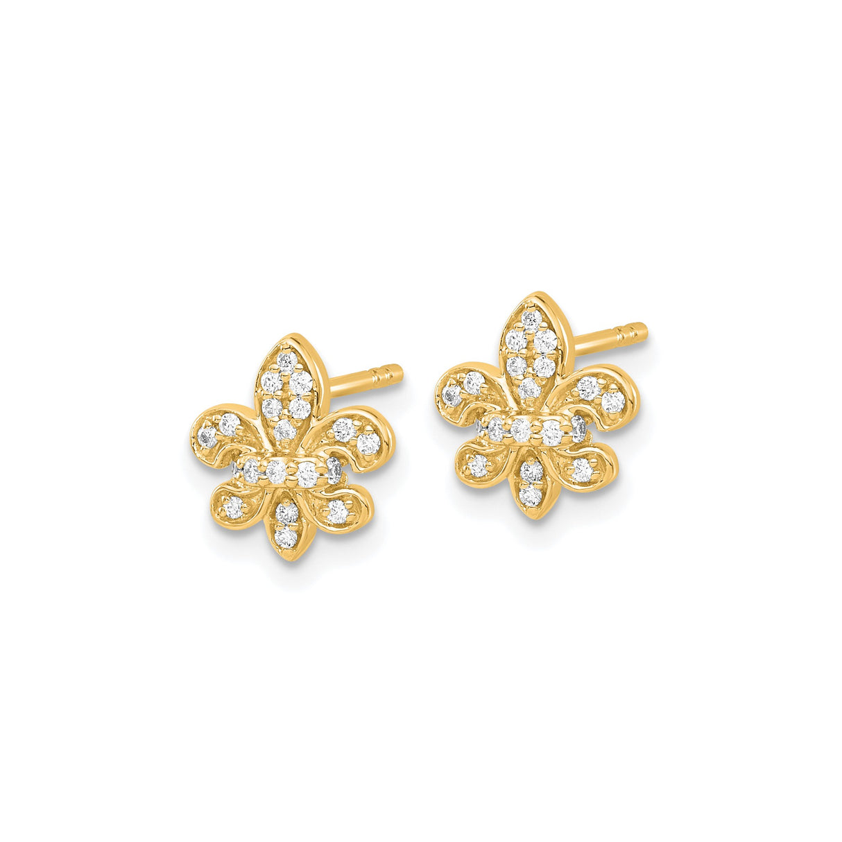 14k Yellow Gold Fleur de Lis Stud Earrings with Diamonds, Classic French Design